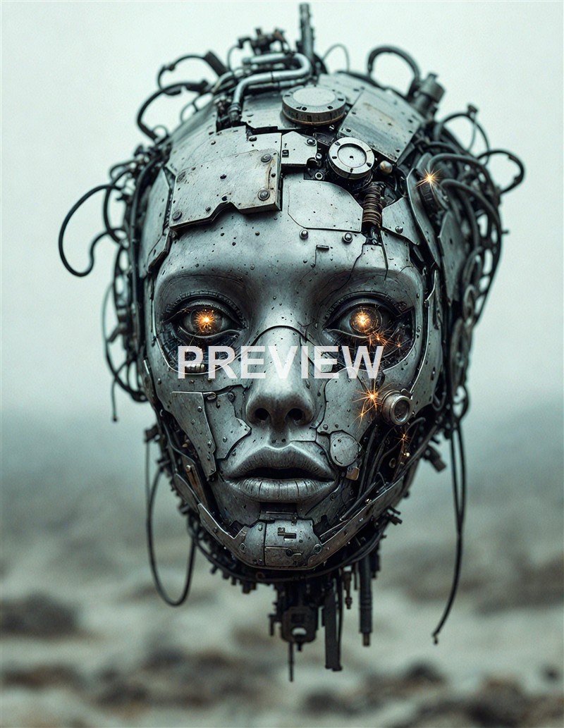 A humanoid face made of metallic and mechanical parts with glowing eyes and intricate wiring, set against a cloudy, desolate background.